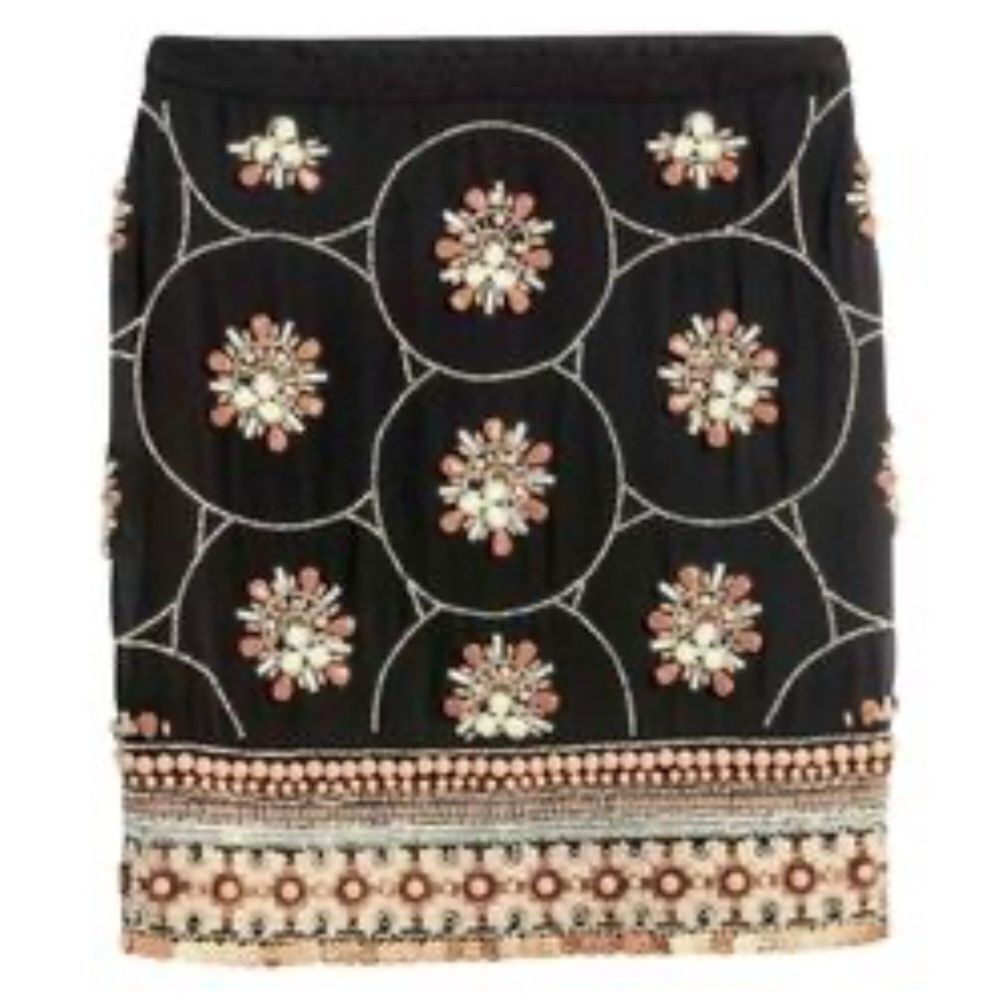 H&M Black Tan Cream Embroidered Beaded Jewel Embellished Tribal Mini Skirt NEW